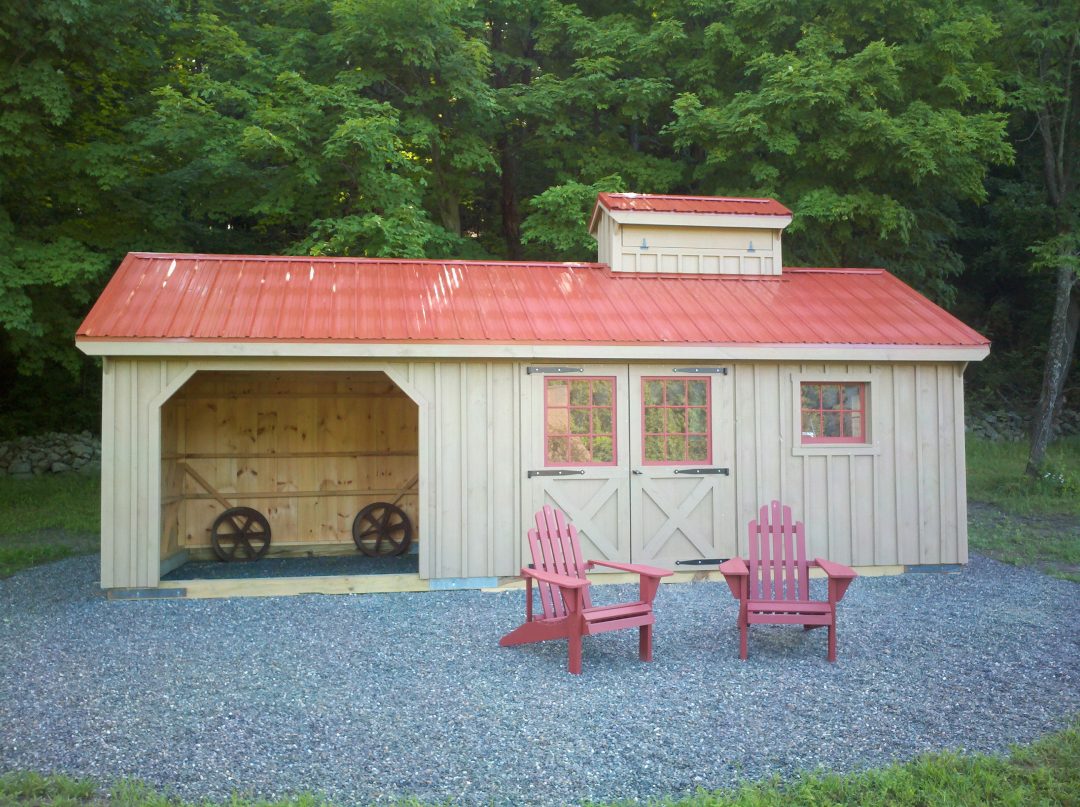 shed and run in shed with adirondack chairs