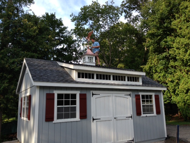 patriot shed with dormer and cupola installation