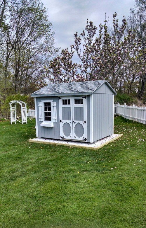 8x10 gray shed with white trim delivered to and installed in Lee, MA