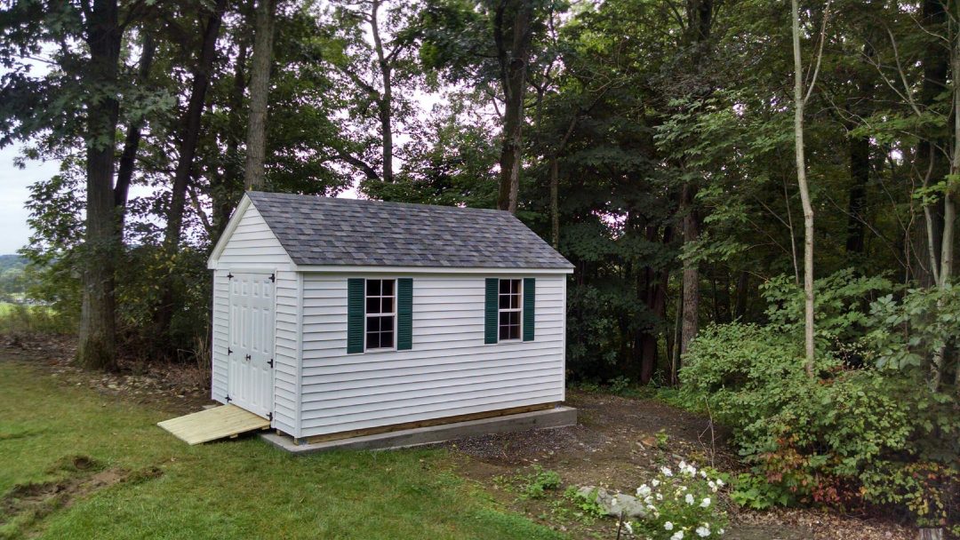 8x14 vinyl a-frame shed delivered to and installed in Valatie, NY
