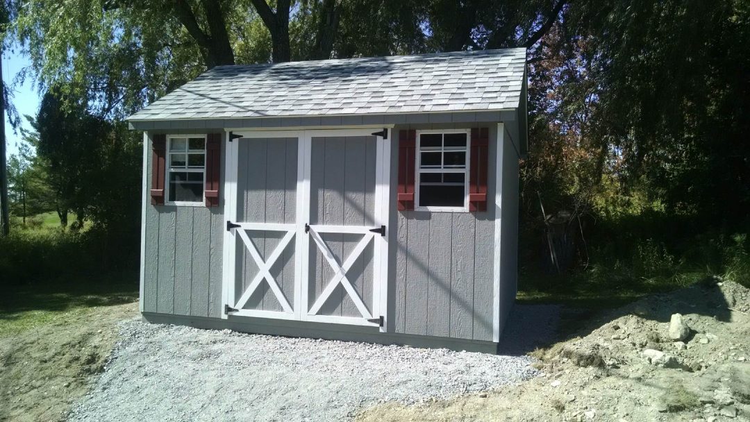 10x12 gray A-Frame shed with red shutters delivered to Ghent, NY